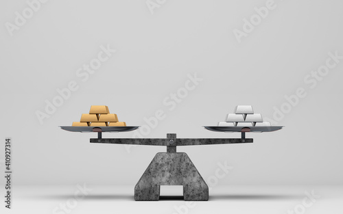 polished gold and silver bars on scales - 3D Illustration