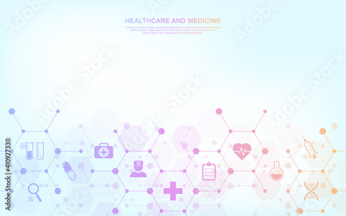 Medical background and healthcare technology with flat icons and symbols. Concept and idea for health care business, innovation medicine, health safety, science, medical research, and development.