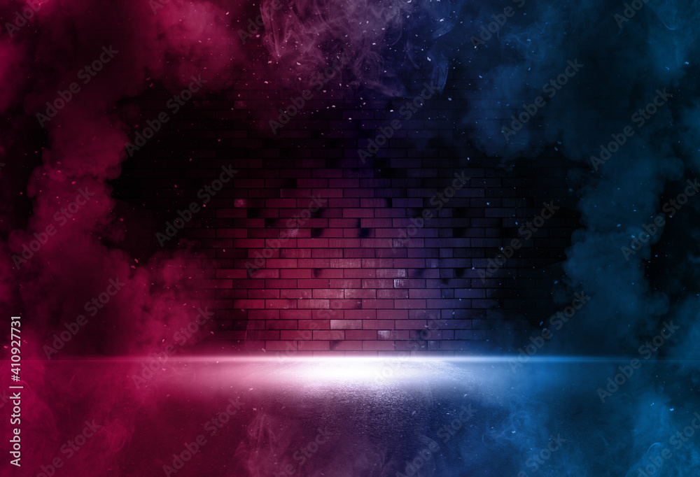 Searchlight on neon brick wall with smoke. Neon reflections on wet asphalt. Empty scene with copy space. Searchlight on neon brick wall with smoke. Neon reflections on wet asphalt. Empty scene with copy space.