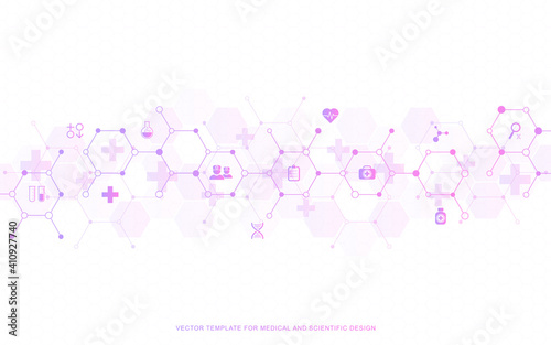 Medical background and healthcare technology with flat icons and symbols