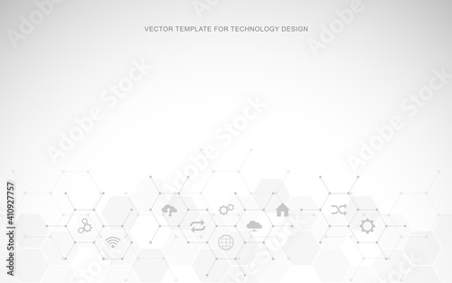 Technological background with flat icons and symbols. Concept and idea for the internet of things, communication, network, innovation technology, system integration. Vector illustration.