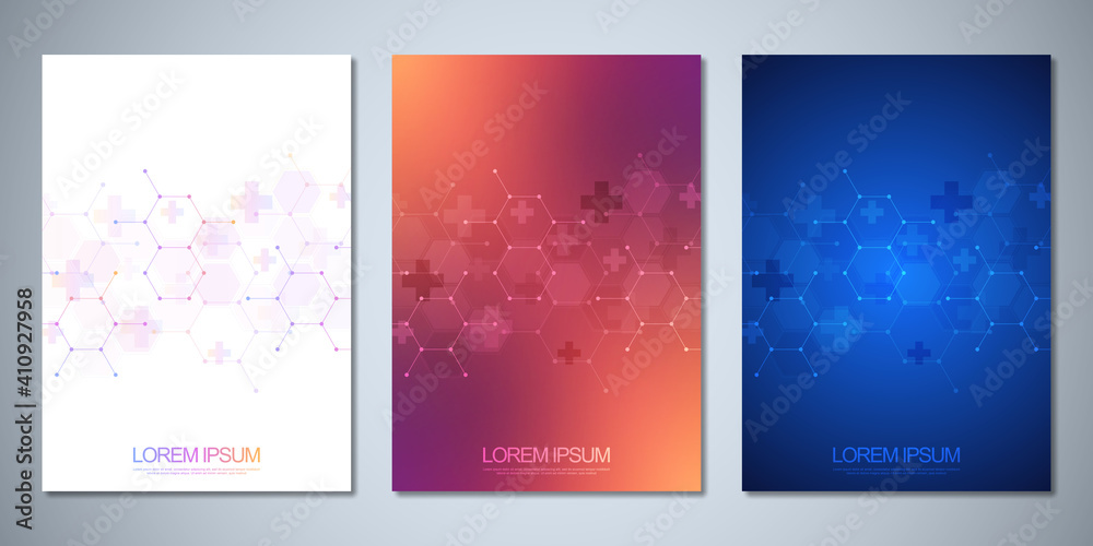 Template brochure or cover book, page layout, flyer design with abstract hexagons pattern and crosses. Concept and idea for health care and medicine design, pharmaceutical manufacturing, and industry. Template brochure or cover book, page layout, flyer design with abstract hexagons pattern and crosses. Concept and idea for health care and medicine design, pharmaceutical manufacturing, and industry.