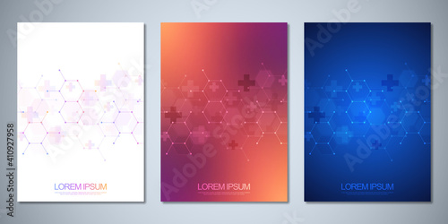 Template brochure or cover book, page layout, flyer design with abstract hexagons pattern and crosses. Concept and idea for health care and medicine design, pharmaceutical manufacturing, and industry.