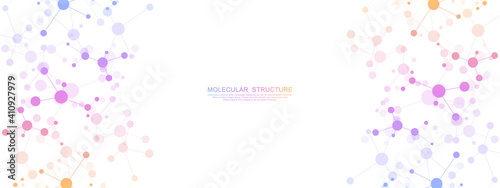 Vector illustration of molecular structure and genetic engineering, molecules DNA, neural network, scientific research. Abstract background for innovation technology, science, healthcare, and medicine