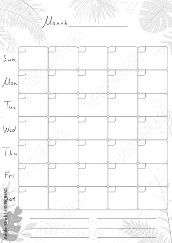 Printable A4 paper sheet with monthly planner blank to fill on background with tropical leaves. Minimalist planner for bullet journal page, habit tracker, daily planner template, blank for notebook.