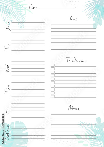 Printable A4 paper sheet with weekly planner blank to fill on background with tropical leaves. Minimalist planner for bullet journal page, habit tracker, daily planner template, blank for notebook.