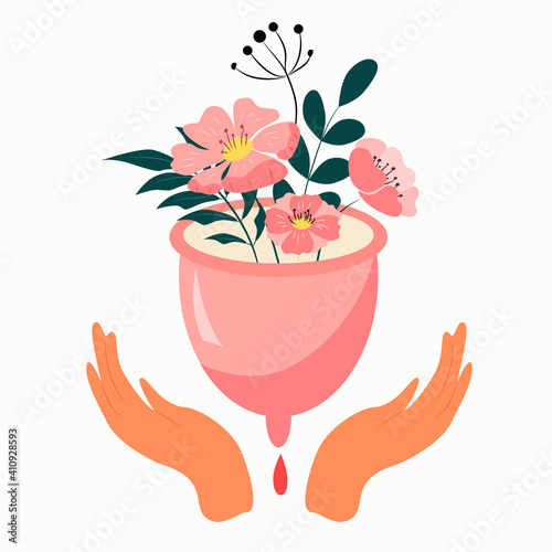 vector hand drawn illustration - menstrual cup with flowers and hands. a picture on the theme of menstruation, feminine hygiene products. trending flat illustration for websites, magazines and apps