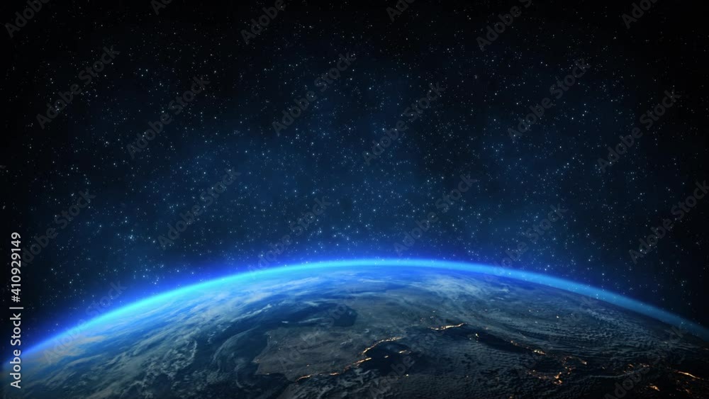 Animation zoom in of Earth planet, world, globe view from above . Blue space starry in background