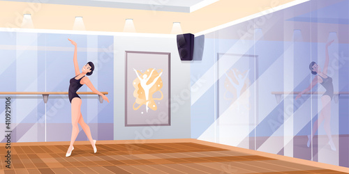 Ballerina dancing in studio at class. Ballet school interior design vector illustration. Beautiful woman at handrail during lesson. Horizontal panorama