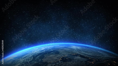 Animation zoom in of Earth planet, world, globe view from above . Blue space starry in background