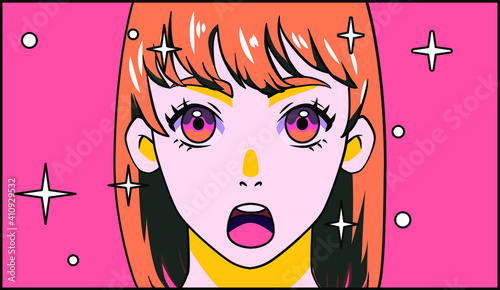 Cute anime girl. Page of the manga comics book with smiling cheerful cartoon charachter. 