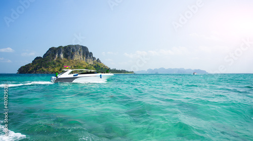 Clear water and blue sky. Speed boat Sea beach in Krabi province Thailand.