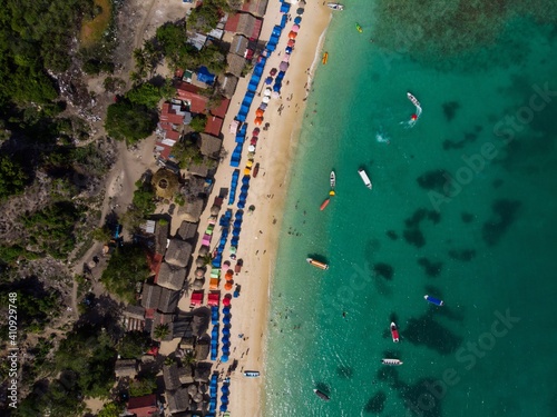 Aerial drone view of Playa Blanca Isla Baru white sand beach turquoise blue ocean water Cartagena Colombia South America