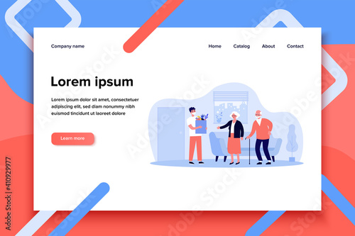 Male courier wearing mask delivering parcel with products to senior people home. Old couple ordering food from supermarket. Vector illustration for virus, epidemic, lockdown concept