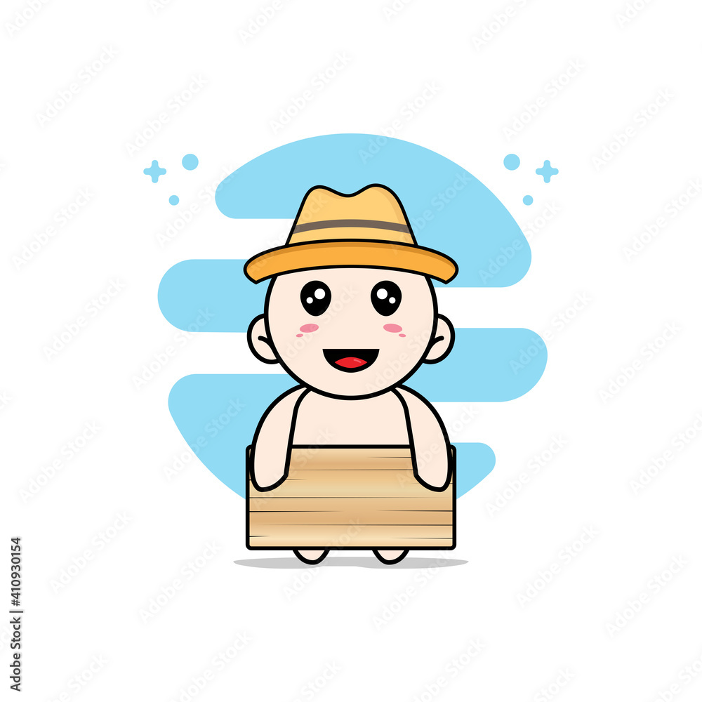 Cute kids character holding a wooden board.
