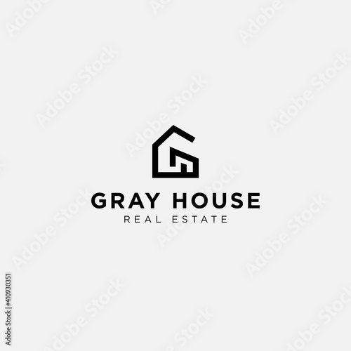Gray house logo design. Scandinavian real estate symbol. line art home vector. letter G construction logo