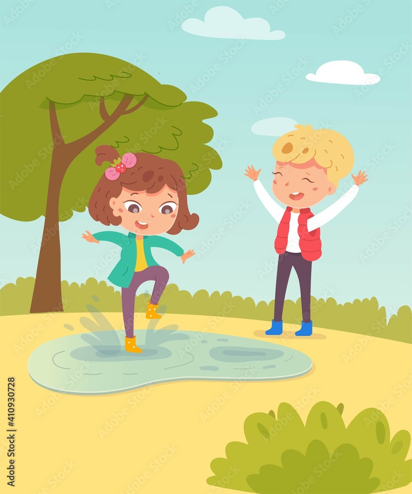 Happy kids in spring. Children in warm weather having fun outdoor vector illustration. Girl jumping in boots in puddle, boy laughing with arms up in park. Tree and blue sky background Happy kids in spring. Children in warm weather having fun outdoor vector illustration. Girl jumping in boots in puddle, boy laughing with arms up in park. Tree and blue sky background