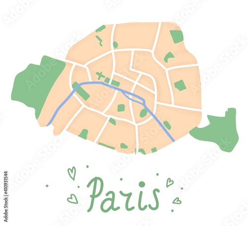 Cartoon flat map of the center of the Paris. Seine river is blue, Bois de Boulogne and Bois de Vincennes are green. Funny cute European city map. Vector illustration.