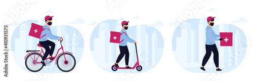 Delivery of medicine to home. Man courier in protective mask delivers medications by electric scooter, by bike, by foot