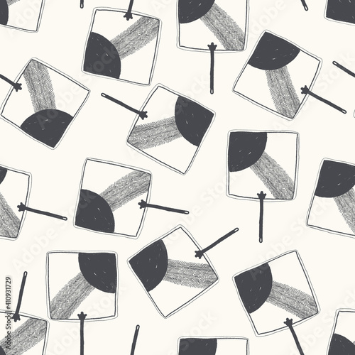 Seamless texture of traditional fans. Hand drawn sketch painting on simple color background.