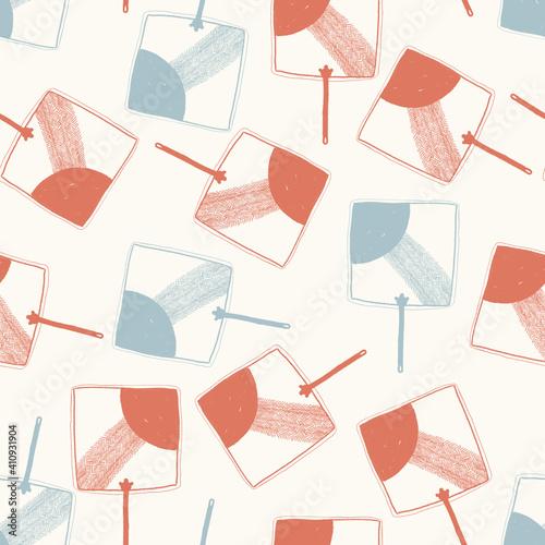 Seamless texture of traditional fans. Hand drawn sketch painting on simple color background.