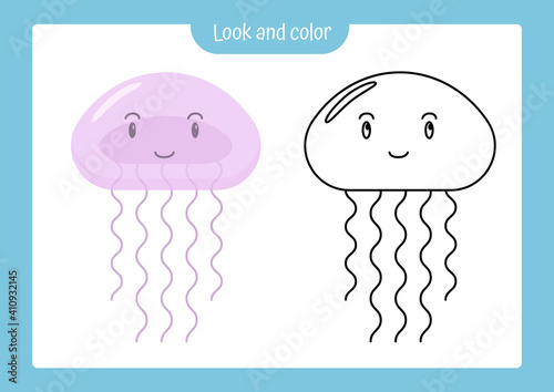 Coloring page outline of jellyfish with colored example. Vector illustration, coloring book for kids preschool activities.
