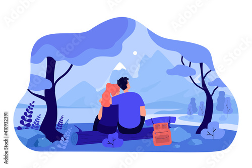 Loving couple sitting on nature together isolated flat vector illustration. Cartoon romantic man and woman dating in forest and looking at mountain cliff and sky. Love and landscape concept