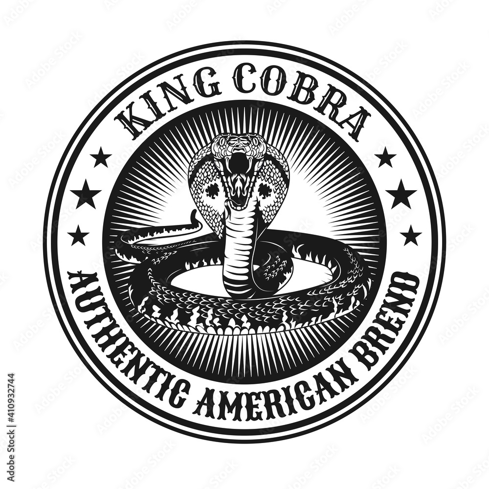Round vintage king cobra emblem. Monochrome design elements with snake ready for attack. Gothic