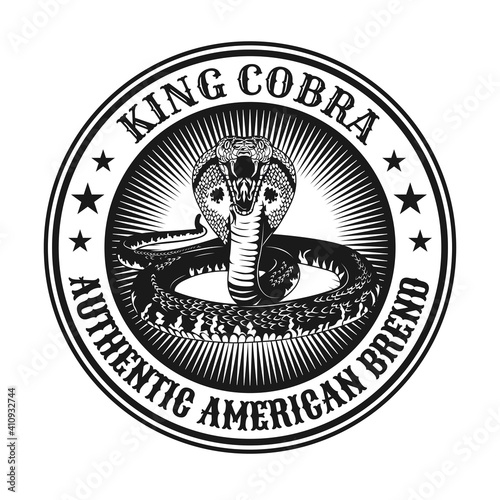 Round vintage king cobra emblem. Monochrome design elements with snake ready for attack. Gothic or horror concept for label, stamp, tattoo template