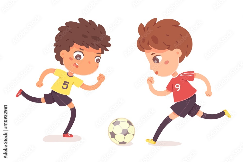 Boys playing football together. Two happy little kids playing sport in uniforms vector illustration. Smiling children kicking ball by foot between them on white background Boys playing football together. Two happy little kids playing sport in uniforms vector illustration. Smiling children kicking ball by foot between them on white background