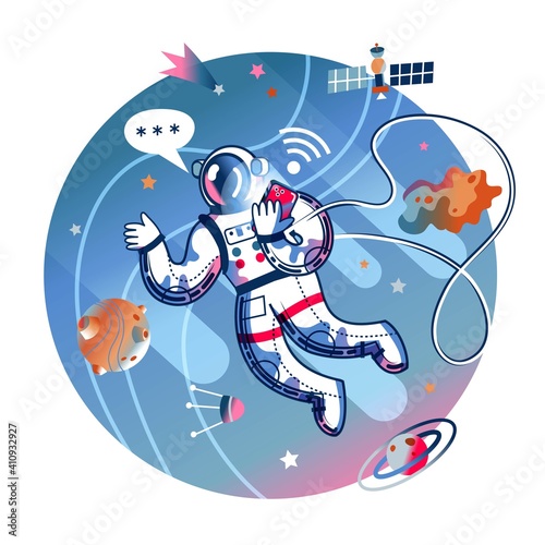 Funny astronaut messaging on phone in space. Man in spacesuit chatting on telephone. Space exploration fun entertainment vector illustration. Cosmonaut in universe, stars and planets