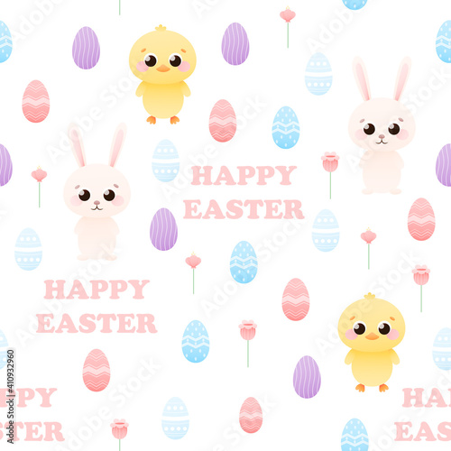 Cute childish seamless pattern with animal characters - bunny and chick, painted eggs around and baskets, easter holiday theme for wrapping paper or textile in cartoon style on white background