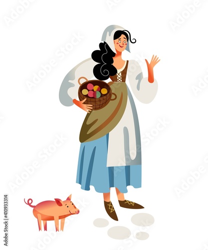 Medieval peasant woman character. Poor young happy woman in Middle Ages vector illustration. Historical person in costume with basket of apples and pig isolated on white background