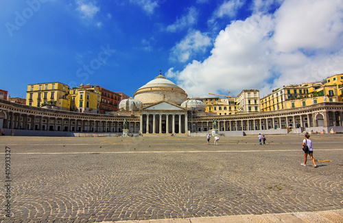 Basilica Reale Pontificia San Francesco di Paola (built in 1816) at the Piazza del Plebiscito square in Naples (Napoli) city, Campania, Italy. The historic center of the biggest city of south Italy.