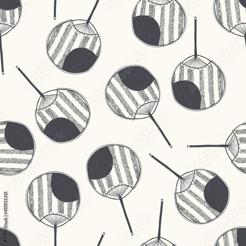 Seamless texture of traditional fans. Hand drawn sketch painting on simple color background.