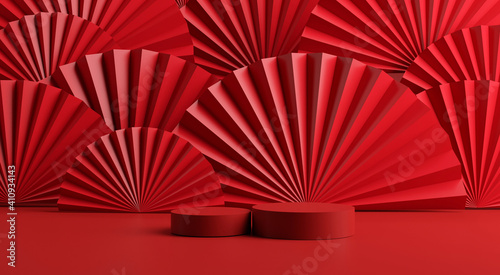 cosmetics stand in red backdrop background 3d rendering design