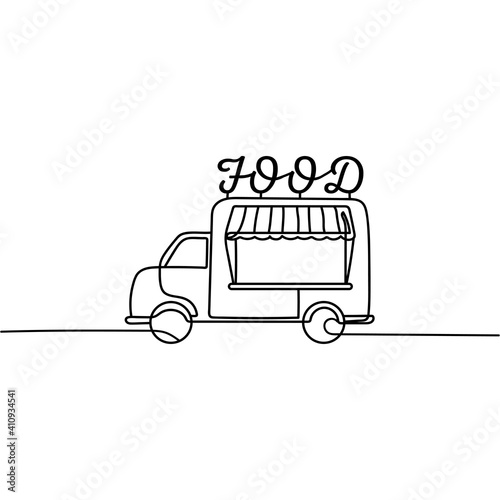 Continuous one line drawing silhouette of a food truck . Business concept. Vector illustration isolated on the white background.