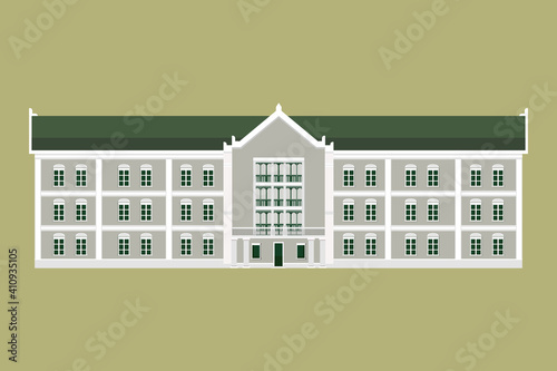 Thai Goverment buildings on street flat design.Old historic building.Classic house isolated background.Flat facade buildings design