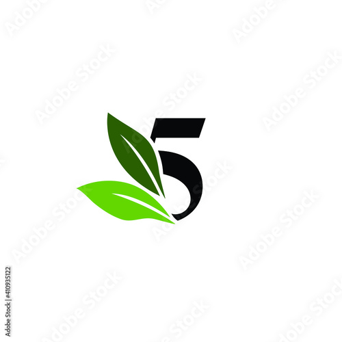 Number 5 Logo with Green Leaves, Nature Logo/Icon Design Template.