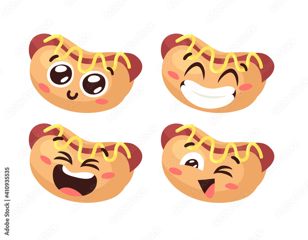 Hand Drawn Cartoon Illustration Hot Dog Emoji. Fast Food Vector Drawing Emoticon. Tasty Image Meal. Flat Style Collection American Cuisine Hand Drawn Cartoon Illustration Hot Dog Emoji. Fast Food Vector Drawing Emoticon. Tasty Image Meal. Flat Style Collection American Cuisine