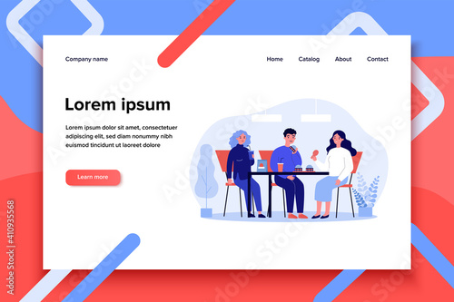 People eating fast food. Restaurant customers eating burgers at table flat vector illustration. Junk food, unhealthy habit, catering concept for banner, website design or landing web page