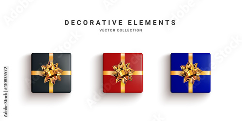 Collection of realistic gift boxes  decorative presents isolated on white background. Vector illustration