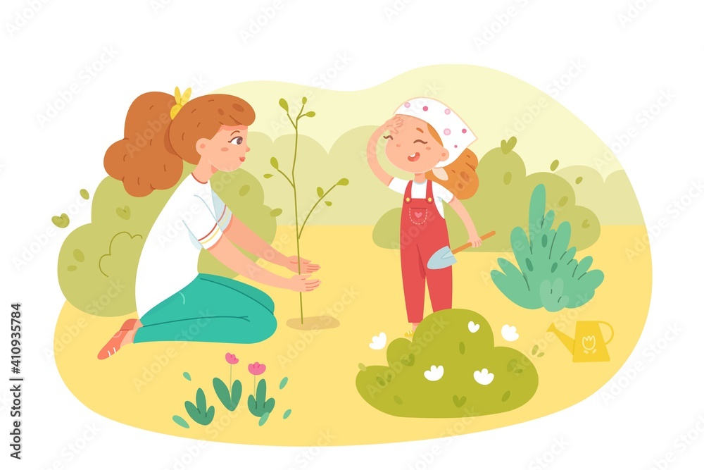 Kid helping sister plant tree. Happy smiling girls putting new tree in ground in garden. Childhood helper vector illustration. Fun leisure activity outdoor in summer or autumn Kid helping sister plant tree. Happy smiling girls putting new tree in ground in garden. Childhood helper vector illustration. Fun leisure activity outdoor in summer or autumn