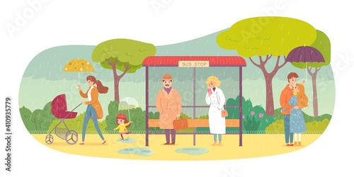Fototapeta Naklejka Na Ścianę i Meble -  People in rainy weather at bus stop. Man and woman under umbrella, girl and businessman sheltering under roof, mother in raincoat with child and stroller. Traveling in transport vector illustration