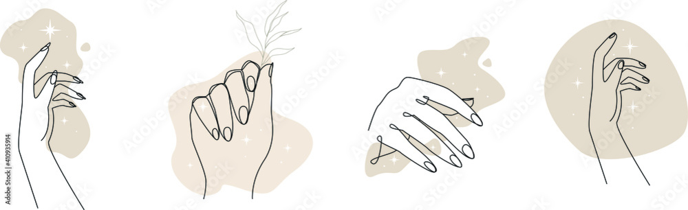 Trendy line art manicure hands set with abstract vector shape on white background for decoration design. Isolated flat vector illustration. Outline symbol collection. Abstract modern print set. 