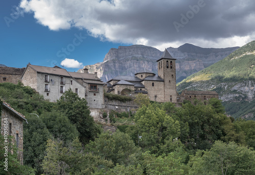 View of Torla-Ordesa village, located in a glacial valley of Ara river, the gateway to the Spanish Pyrenees, Ordesa and Monte Perdido National Park, Province of Huesca, Aragon, Spain. © MoVia1