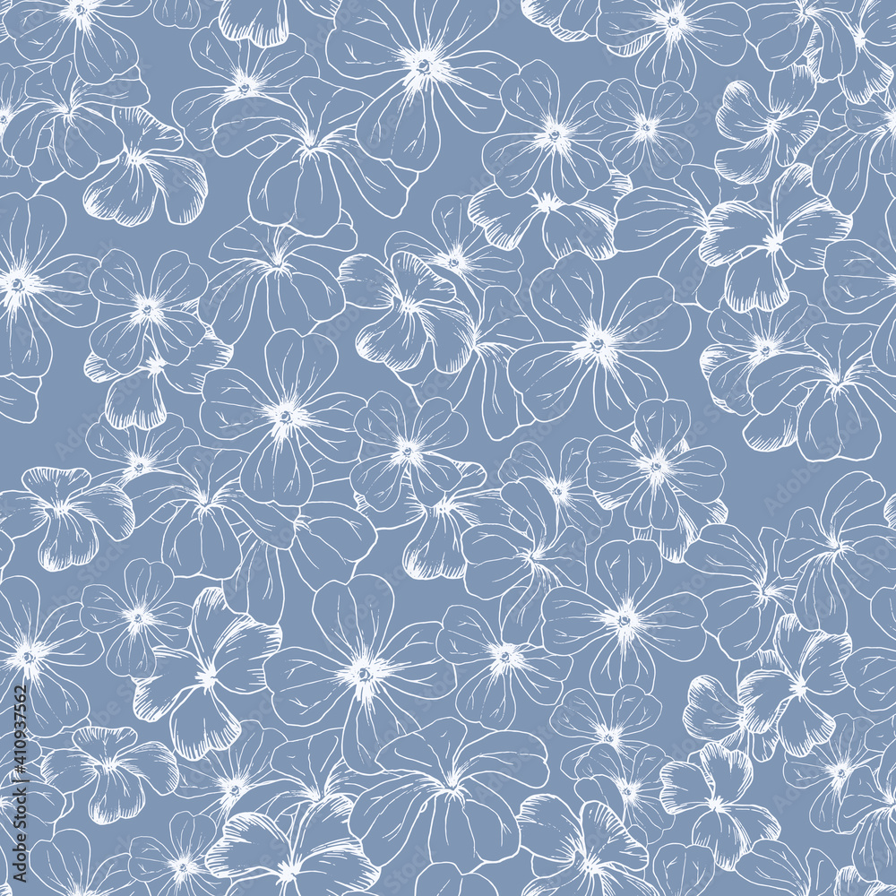 Seamless vector pattern with a lot of outline white meadow flowers on a blue background. Line art sketch. Good print for wallpaper, textile, wrapping paper, ceramic tiles