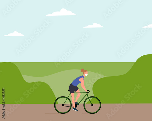 Young woman in facemask riding bicycle through park in spring time. Healthy active lifestyle. New reality. Spring sport activity. Colorful modern vector illustration in cartoon flat style.