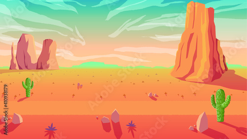 Beautiful Vector Flat Desert Landscape Afternoon Time And Sun Light