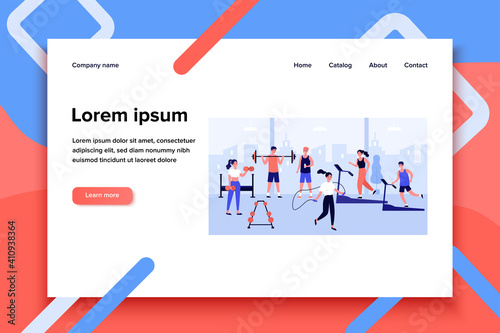 People exercising in gym with panoramic window, practicing weight and cardio training, running on treadmill, jumping rope, lifting barbells and dumbbells. For sport, fitness, active lifestyle concept